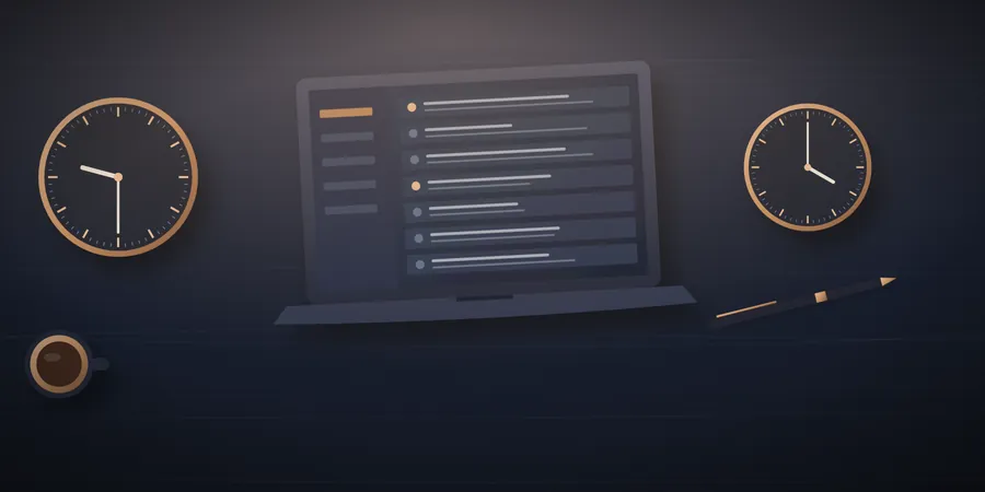 Illustration of a desk with a laptop and two clocks set to different times