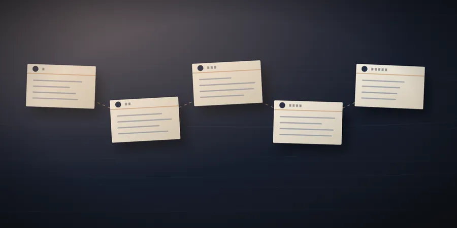 Illustration of five index cards laid out in sequence and joined by a dotted copper line