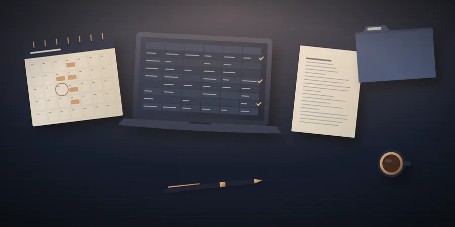 Illustration of a desk laid out with a calendar, a laptop showing a spreadsheet, a typed page, a folder and a pen