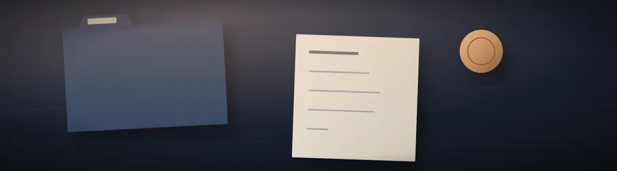 Illustration of a closed folder, a short typed note and a copper seal on a dark desk