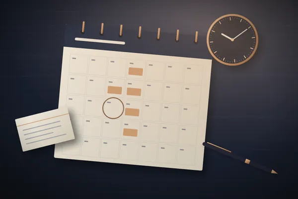 Illustration of a calendar with days marked in copper beside a clock