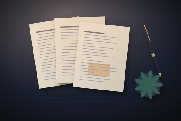 Illustration of three typed pages fanned out on a desk