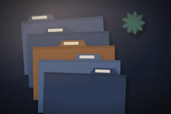 Illustration of five labelled folders in navy and copper fanned across a desk