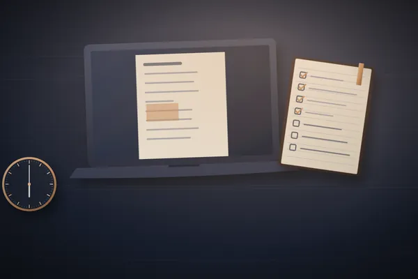 Illustration of a laptop showing a finished document beside a checklist and a clock