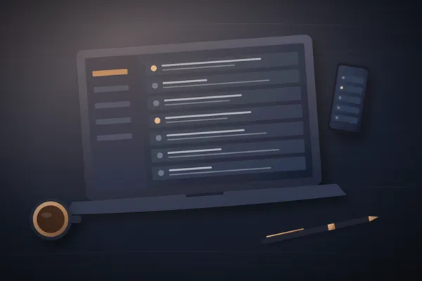 Illustration of a laptop showing a sorted inbox on a dark desk