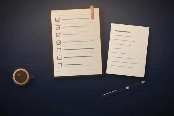 Illustration of a notebook with a checklist, four items ticked, beside a typed page, a pen and a cup