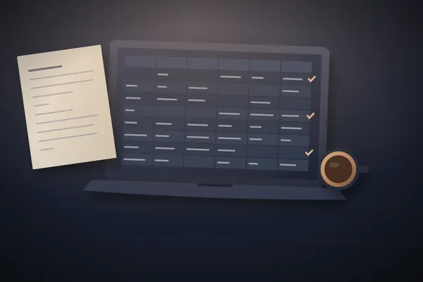 Illustration of a laptop showing a spreadsheet with ticked rows
